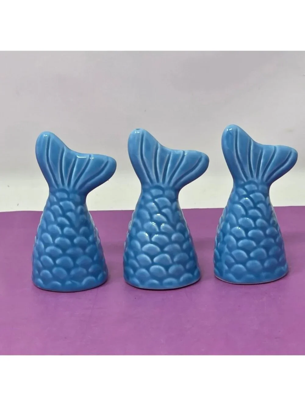 Set Of 3 Blue Ceramic Mermaid Tail Salt & Pepper Shakers Coastal Kitchen Decor